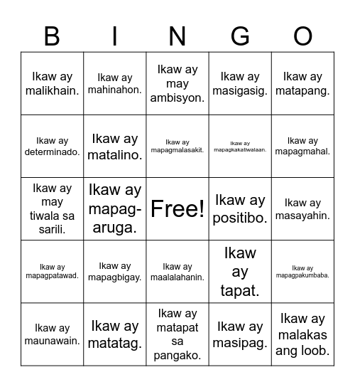 Positive Affirmations Bingo Card