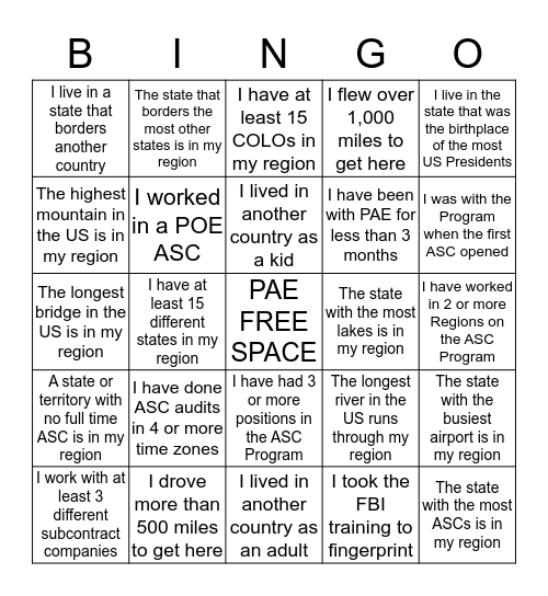 PAE ASC Program BINGO Card