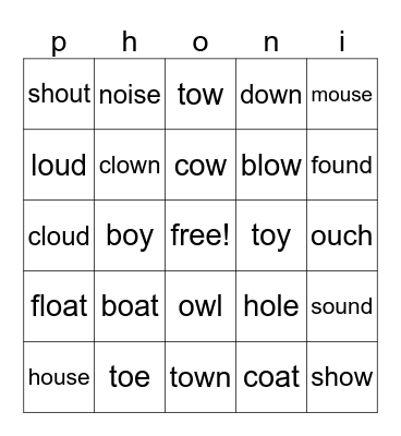 oa oe ow oi oy ou ow Bingo Card