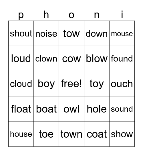 oa oe ow oi oy ou ow Bingo Card