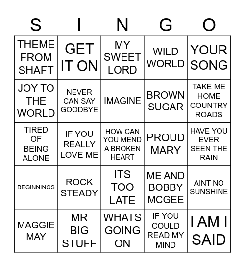 913 POP HITS 1971 Bingo Card