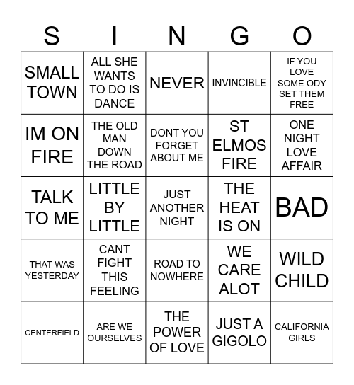 914 ROCK HITS 1985 Bingo Card