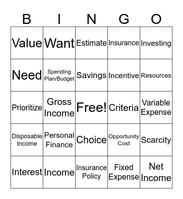AGAPE Personal Finance Vocab Bingo Card