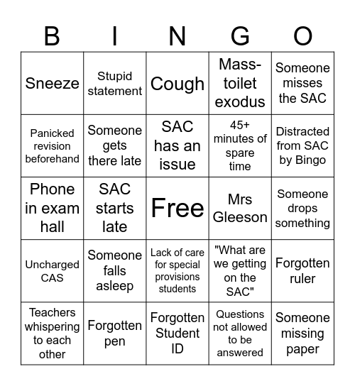 General SAC Part B Bingo Card