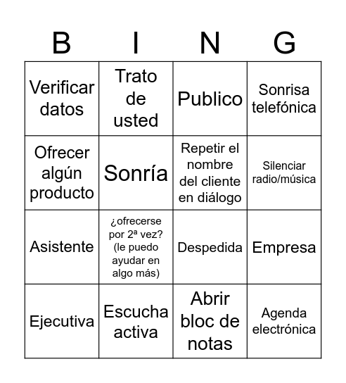 BINGO SERVICIO AL CLIENTE Bingo Card