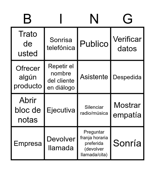 BINGO SERVICIO AL CLIENTE Bingo Card