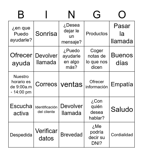 BINGO SERVICIO AL CLIENTE Bingo Card