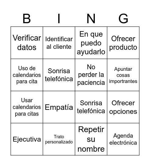 BINGO SERVICIO AL CLIENTE Bingo Card