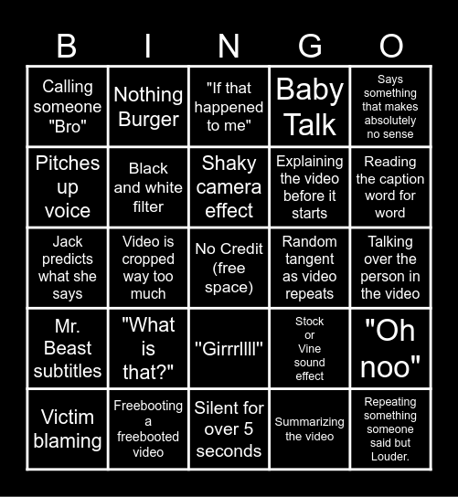 Sssniperwolf Bingo Card