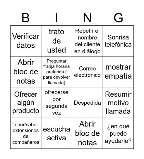 BINGO SERVICIO AL CLIENTE Bingo Card