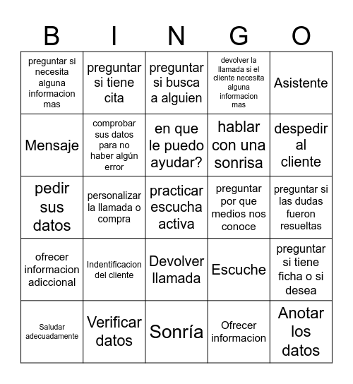 BINGO SERVICIO AL CLIENTE Bingo Card