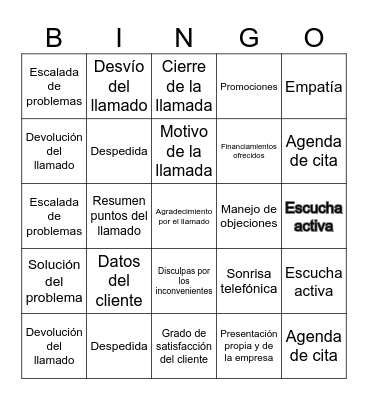BINGO SERVICIO AL CLIENTE Bingo Card