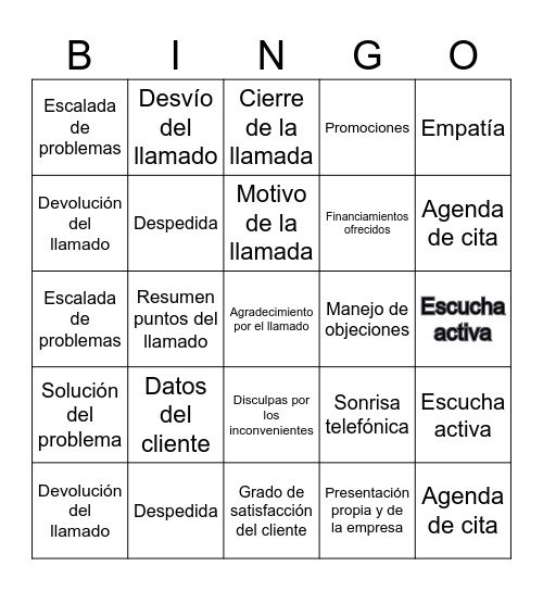 BINGO SERVICIO AL CLIENTE Bingo Card