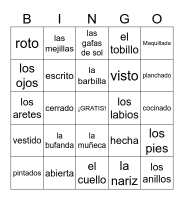 UNIT 5: Vocabulary + Grammar - Partes del cuerpo + El participio Bingo Card