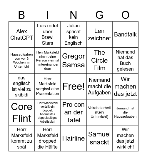 Englisch Bingo Card