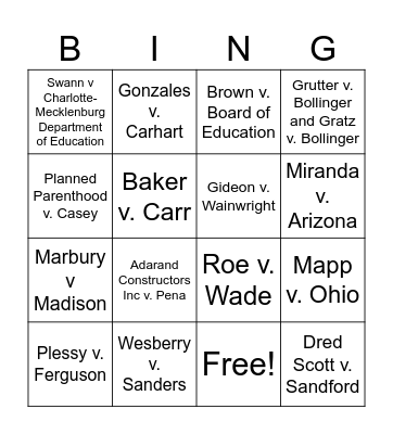 Supreme Court Case Bingo Card