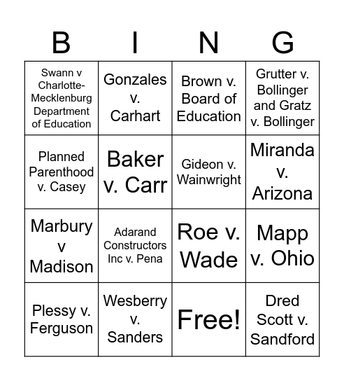 Supreme Court Case Bingo Card