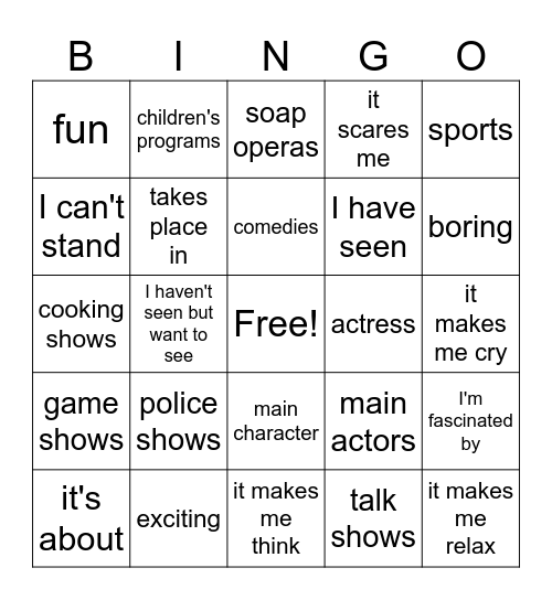 Entertainment Bingo Card