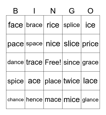 Lesson 60: _ce /s/ Bingo Card