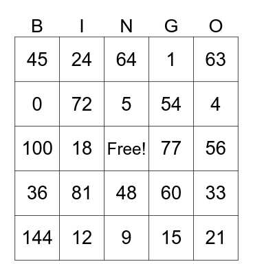 Multiplication Bingo Card