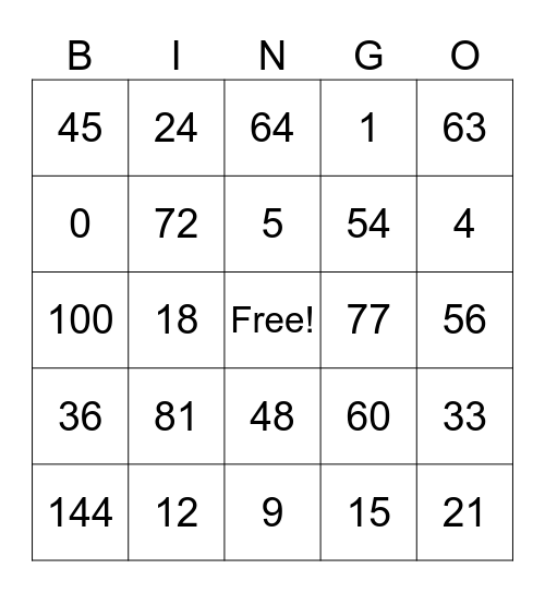Multiplication Bingo Card