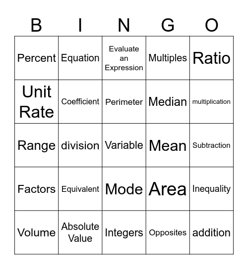 Math Terms Bingo Card