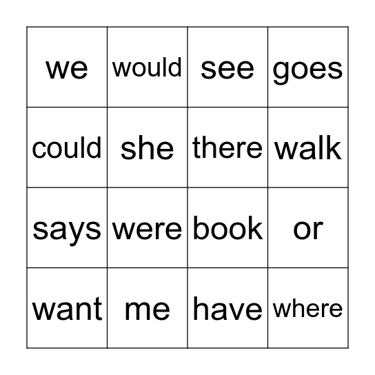 Heart Word Bingo Card