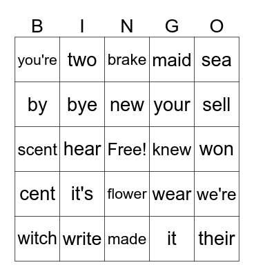 Homophones Bingo Card