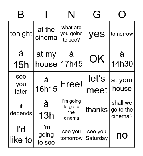 Rendez-vous à quelle heure? Bingo Card