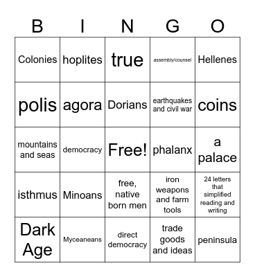 Greece Lesson 1 Bingo Card