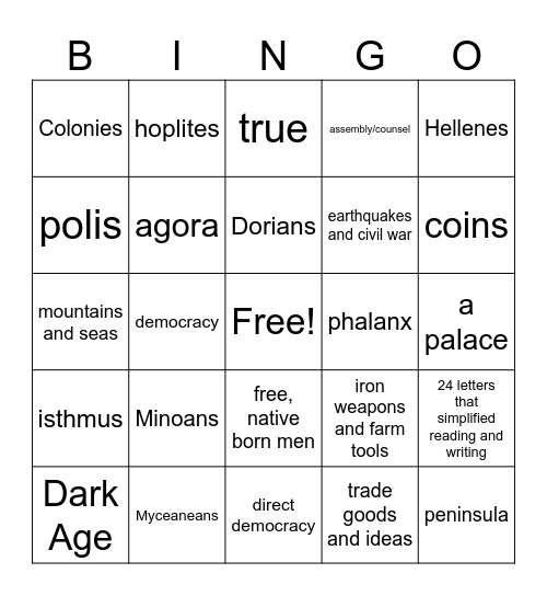 Greece Lesson 1 Bingo Card