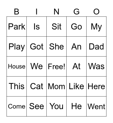 Snap Word Bingo Card