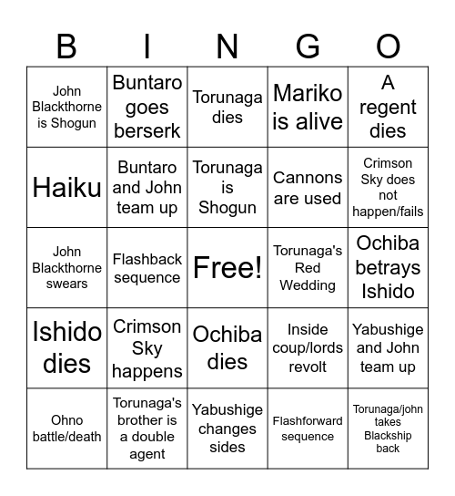 Shogun final episode Bingo Card