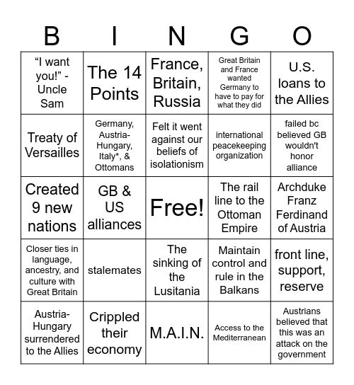 World War 1 Bingo Card