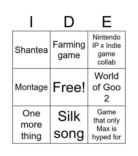 Nin Bingo Card