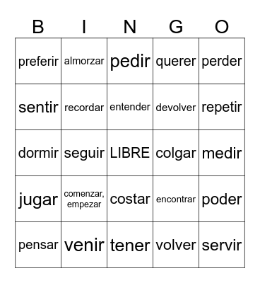 Stem-Changing Verbs Bingo Card