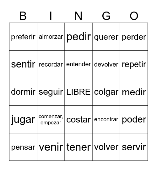 Stem-Changing Verbs Bingo Card