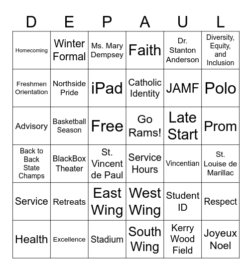 DePaul Prep BINGO Card