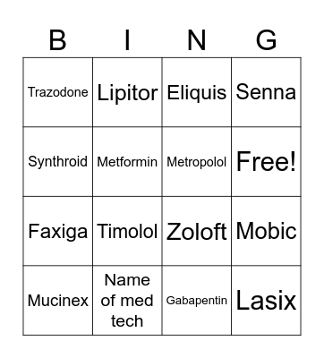 Medication BINGO Card