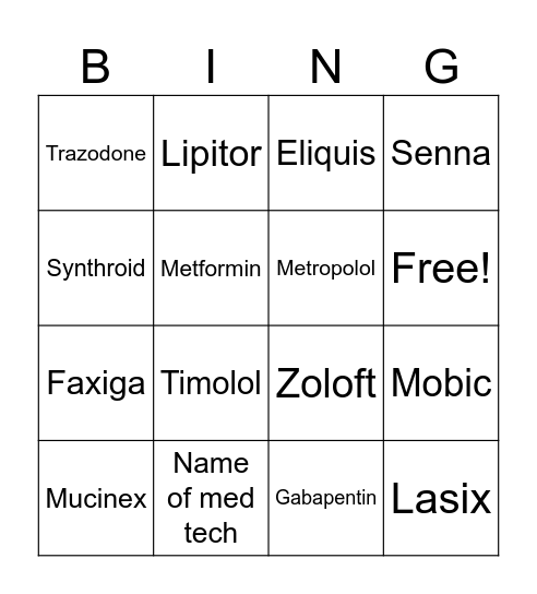 Medication BINGO Card