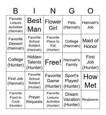 Bridal Bingo Card