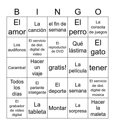 Español 1 Unidad 5 Lec. A Bingo Card