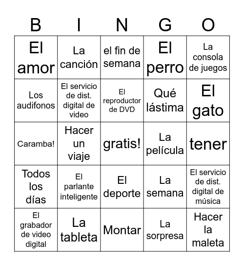 Español 1 Unidad 5 Lec. A Bingo Card