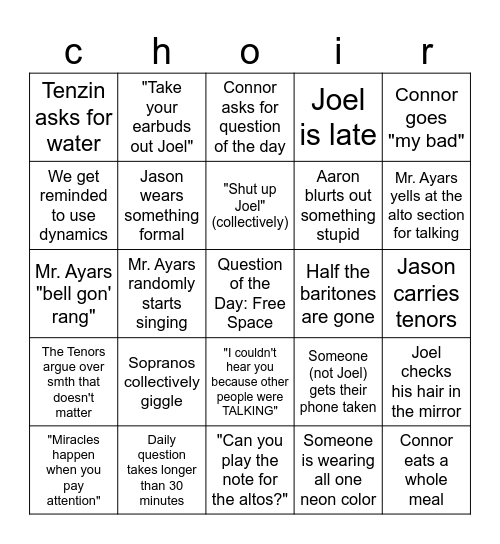 CHS Chamber Choir Bingo Card