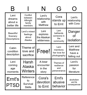 The Great Alone Bingo Card