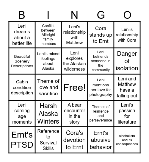 The Great Alone Bingo Card