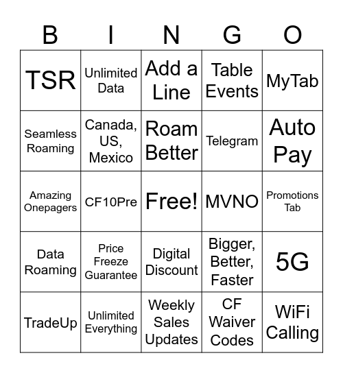 Freedom Mobile Bingo Card