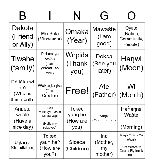 Dakota Words and Phrases Bingo Card
