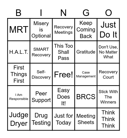 SAW Recovery Court Program Bingo Card