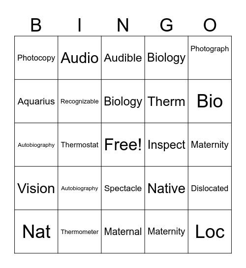 Roots Bingo Card